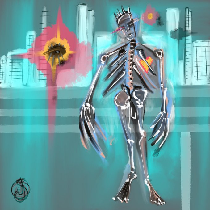 A digital painting of a metallic robot or skeleton figure with spiked shoulders standing against a teal cityscape background with a pink floral element.