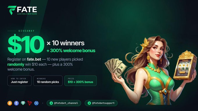 A promotional giveaway banner for FATE (fate.bet) is shown, advertising a $10 prize for 10 winners plus a 300% welcome bonus, featuring an illustrated woman holding cash and a slot machine. The post announces the 10 winners of this giveaway, with rewards already distributed.