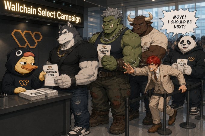 The image features a group of muscular men standing next to each other with papers in their hands. The text "Wallchain Select Campaign" can be seen at the top, while "gQuack Fam Wallchain" is written below them. The main focus of the image is on these muscular men and their papers, which are likely related to a campaign or event they are participating in.