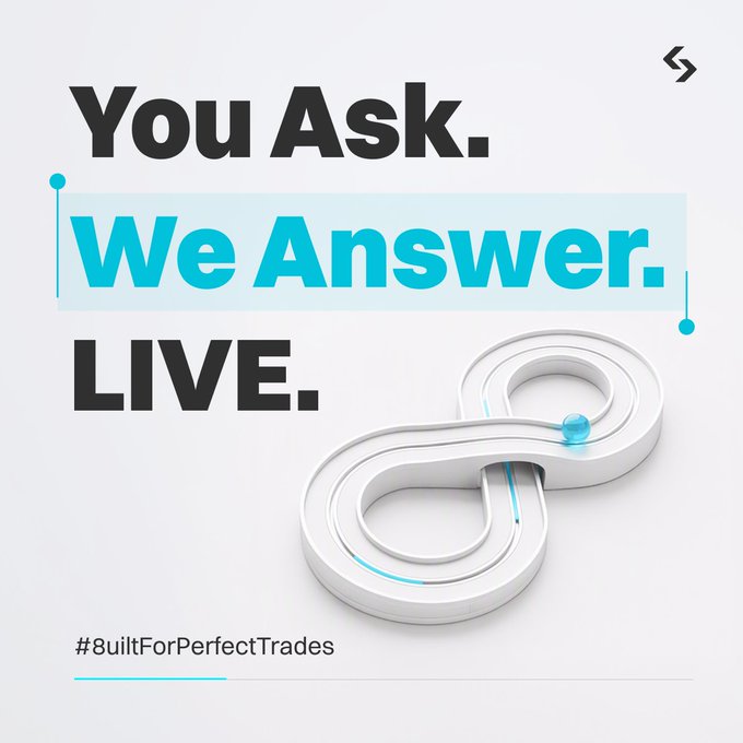 A promotional graphic featuring the text "You Ask. We Answer. LIVE." alongside a 3D infinity-shaped symbol with a blue orb, and the hashtag "#8uiltForPerfectTrades," inviting users to submit their burning questions for a live Q&A session hosted by Bitget where participants can win a share of $800 USDT.