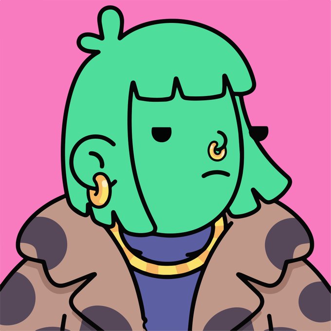 A cartoon illustration of a person with green hair, gold hoop earrings and nose ring, wearing a polka dot jacket and gold chain against a pink background.
