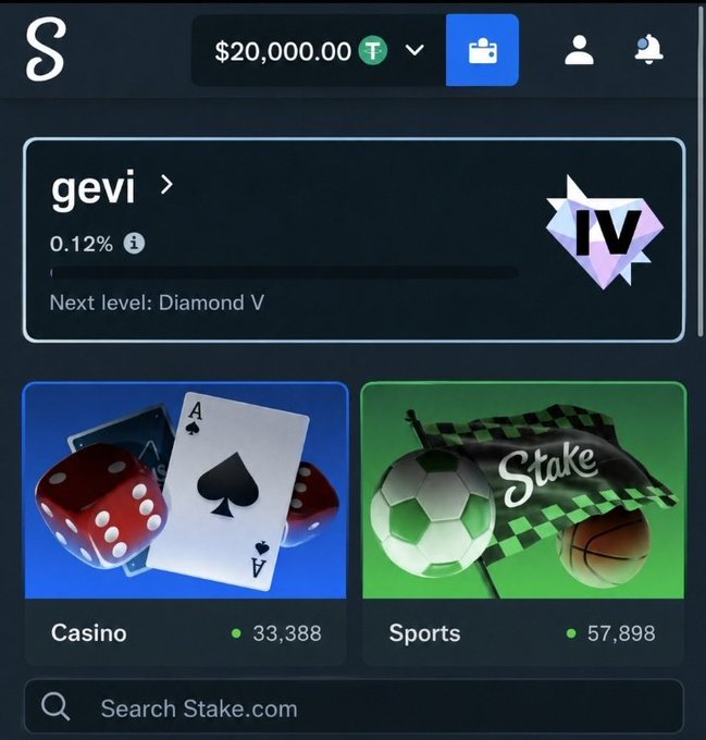 The image shows a Stake.com account dashboard for user "gevi" with a balance of $20,000.00 T (Tether), displaying a Diamond IV VIP level status with two main gaming categories: Casino (33,388) and Sports (57,898). This screenshot appears to be used in a scam giveaway post falsely claiming the $20,000 balance will be distributed to 1,500 followers, though Stake.com is a real gambling platform and such giveaways are typically fraudulent schemes designed to harvest personal information.