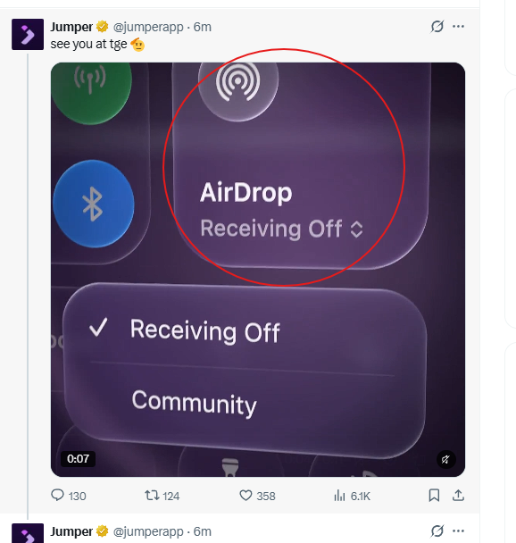 A Twitter post by 'Jumper @jumperapp' captioned 'see you at tge' featuring a video screenshot of an iPhone Control Center menu, with a red circle highlighting the AirDrop option that is set to 'Receiving Off'.