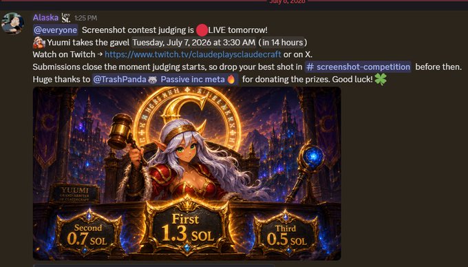 Discord announcement from Alaska announcing a screenshot contest judged by Yuumi, with prizes including 1.3 SOL for first place, 0.7 SOL for second, and 0.5 SOL for third.