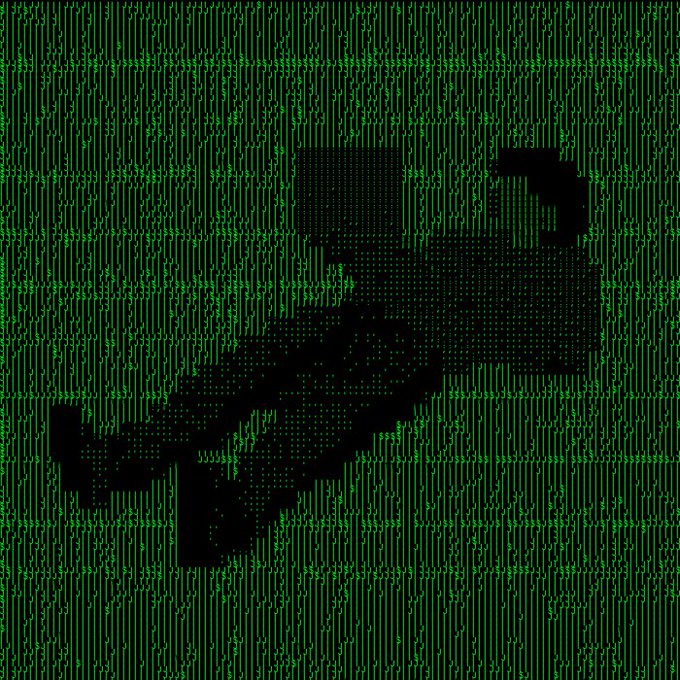 A black silhouette of an assault rifle is set against a background of green cascading code, reminiscent of the Matrix digital rain effect.