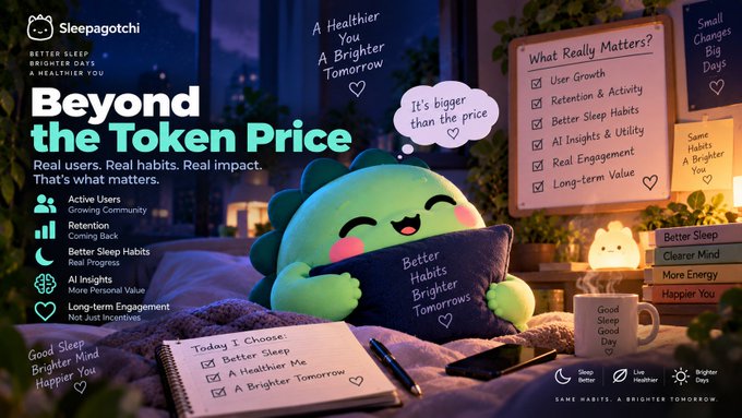 A Sleepagotchi promotional banner with the tagline 'Beyond the Token Price' and 'SAME HABITS, A BRIGHTER TOMORROW,' listing benefits like Active Users, Retention, and Better Sleep Habits.