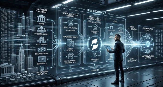 A digital illustration depicting a futuristic financial system titled 'SIMPLECHAIN 2.0', showing traditional financial elements like banks and fund managers connecting through blockchain infrastructure to a man holding a tablet.