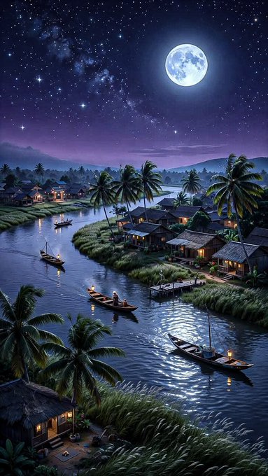 A nighttime fantasy illustration of a tropical village with stilt houses, palm trees, and small boats on a winding river under a starry sky with a bright full moon.