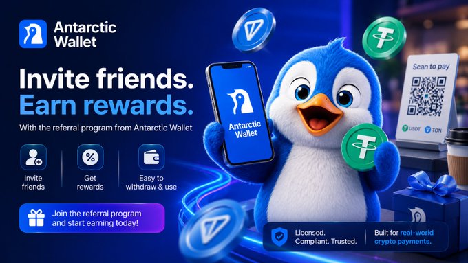 Promotional banner for Antarctic Wallet featuring a penguin mascot holding a phone, with text 'Invite friends. Earn rewards.' highlighting their referral program with USDT and TON support.