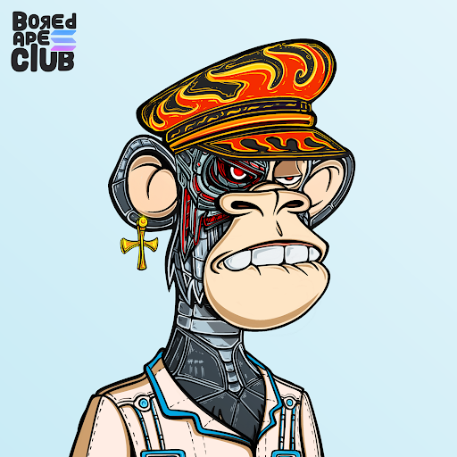 An illustration of a cyborg monkey wearing a flame-patterned military hat, a cross earring, and a light-colored jacket, with 'BORED APE CLUB' text in the top left.