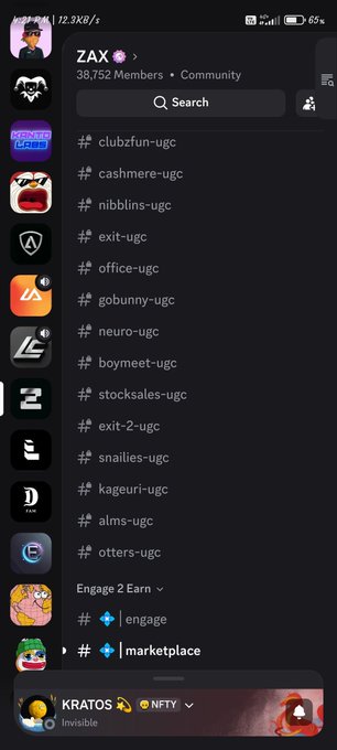 A screenshot of a mobile app interface showing a Discord community called 'ZAX' with 38,752 members and a list of hashtags like '#clubzfun-ugc', '#cashmere-ugc', and '#exit-ugc'.
