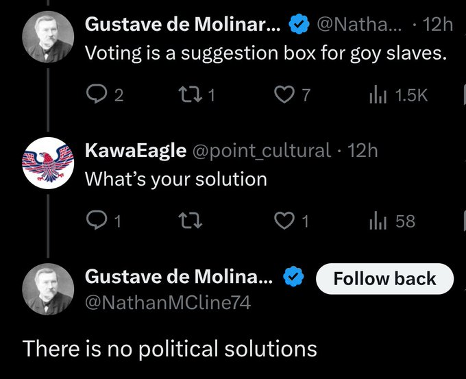 A Twitter exchange showing verified user Gustave de Molinar (@Natha.../@NathanMCLine74) responding to KawaEagle (@point_cultural) by stating "Voting is a suggestion box for goy slaves" and later "There is no political solutions," gaining 1.5K views. The post's caption reinforces this anti-voting stance by suggesting alternatives like crypto, 3D-printed guns, and homeschooling to bypass political engagement entirely.