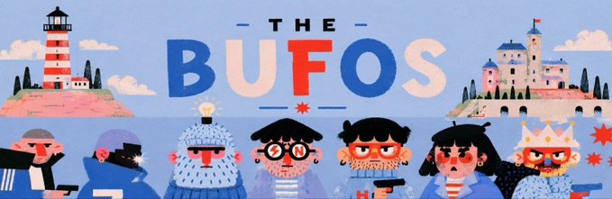 The image is a colorful banner for "THE BUFOS," featuring hand-drawn, storybook-style characters including sailors, a captain, a king, and other whimsical figures, with a lighthouse on an island to the left and a castle on the right, all set against a light blue background. The bold text "THE BUFOS" is prominently displayed at the top, visually introducing the mysterious, artistic world referenced in the post about this hand-drawn NFT project founded by JDOTCOLOMBO.
