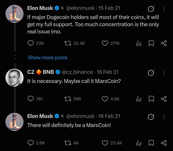 A screenshot of a Twitter thread shows Elon Musk (@elonmusk) on Feb 15, 2021, tweeting about Dogecoin holders selling their coins to address concentration issues (23K replies, 271K likes), followed by CZ (@cz_binance) on Feb 16 responding with a joke suggesting "MarsCoin?" (4.6K likes), and Musk replying the next day, "There will definitely be a MarsCoin!" (23.4K likes). The image directly relates to the "???" prompt by showing this playful exchange between two major crypto figures jokingly coining a new satirical cryptocurrency, leaving the answer open-ended for readers to react to the absurdity.
