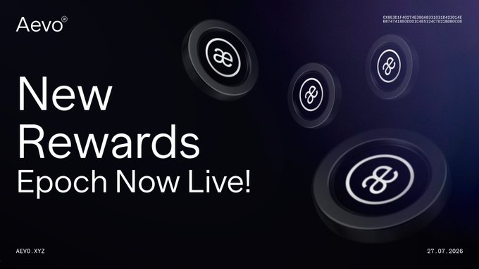 A promotional graphic for Aevo announces a "New Rewards Epoch Now Live!" dated 27.07.2026, featuring the Aevo logo, website (AEVO.xyz), and floating coin-like icons against a dark purple background. The image visually supports the post's announcement of weekly $AEVO token rewards being distributed to traders across perpetual futures (700,000 AEVO) and options markets (300,000 AEVO).