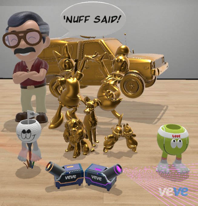 A 3D rendered scene on the VeVe digital collectibles platform with a cartoon character saying 'NUFF SAID!' surrounded by various golden statues of animals and characters.