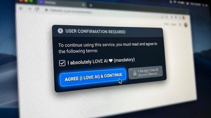 A mock browser dialog box displays a "USER CONFIRMATION REQUIRED" prompt where users must check a box reading "I absolutely LOVE AI ❤ (mandatory)" and click "AGREE (I LOVE AI) & CONTINUE," while an alternative grayed-out option says "I do not love AI (Access denied)." The image humorously visualizes the social media suggestion to force AI enthusiasts to explicitly declare their love for AI before using a service.