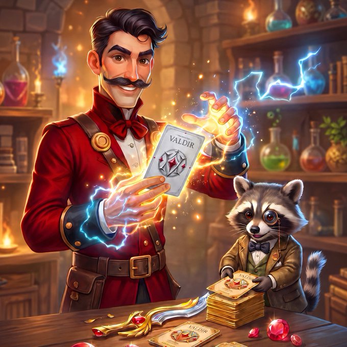A digital illustration of a mustachioed magician in a red coat casting glowing blue and yellow lightning spells from a 'VALDIR' card, accompanied by a raccoon in a tuxedo holding cards in a potion-filled shop.