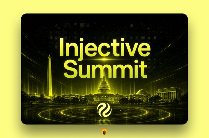 A bold promotional graphic for the "Injective Summit" featuring a neon yellow-green skyline of Washington, D.C. with the Washington Monument, U.S. Capitol, and Lincoln Memorial silhouetted against a dark background, paired with the post's announcement that $INJ's 2026 Summit just concluded in D.C.