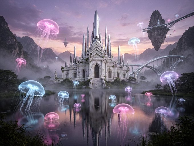 A fantastical landscape featuring an ornate white gothic castle surrounded by a reflective lake, floating mountains, bridges, and glowing pink and blue jellyfish floating in the misty air at sunset.