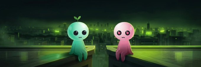 Two cute cartoon blob characters—one teal with a leaf sprout on its head and one pink—sit facing each other on a rooftop at night against a glowing green cityscape, creating a whimsical scene that ties into the playful, community-driven giveaway vibe of the Bonihood post.