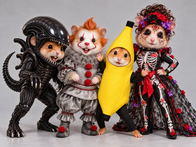 Four hamsters dressed in elaborate costumes including an Alien Xenomorph, Pennywise the Clown, a banana suit, and a Day of the Dead sugar skull outfit with a floral dress.