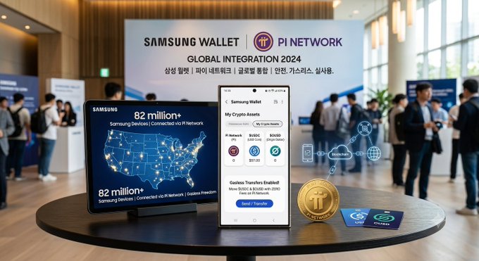 A Samsung Wallet and Pi Network "Global Integration 2024" display at a tech event showcases 82 million Samsung devices connected via Pi Network in the US, alongside a phone screen displaying a Samsung Wallet interface with crypto assets (USDC and another token) and a "Send/Transfer" button. The image visually represents the article's discussion of the anticipated—but yet-to-be-confirmed—integration between Samsung Wallet and Pi Network, highlighting the user base and cryptocurrency transfer features involved in the proposed partnership.