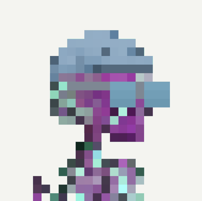 A pixel art image showing a blurry figure made of blue, purple, and teal square pixels on a white background.