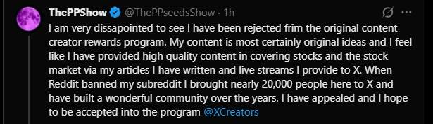 The image shows a tweet from "ThePPShow @ThePPseedsShow" expressing frustration about being rejected from X's (Twitter's) original content creator rewards program, while highlighting his contributions to the platform including covering stocks/market content and bringing nearly 20,000 Reddit users to X. This relates to the post's observation of irony, as the user complains about losing Twitter ad revenue while simultaneously promoting himself as on the verge of becoming a multi-millionaire from $BBBYQ stock.