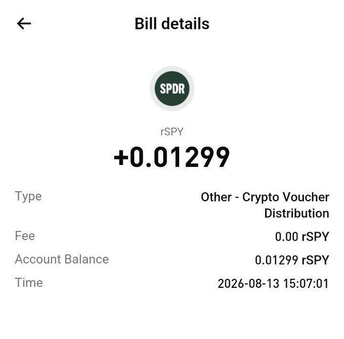 A bill details screen showing an SPDR transaction with +0.01299 rSPY received as a Crypto Voucher Distribution on 2026-08-13 15:07:01.