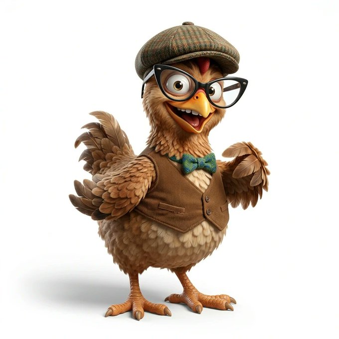 A 3D-rendered, anthropomorphic chicken character wearing a tweed flat cap, black glasses, a brown vest, and a green bow tie, posed cheerfully.
