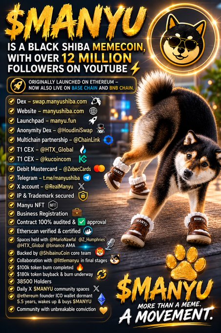 A promotional poster for '$MANYU', a black Shiba memecoin, featuring a Shiba Inu dog wearing sunglasses and boots, listing its launchpad on Ethereum, Base Chain, and BNB Chain with 12 million YouTube followers.
