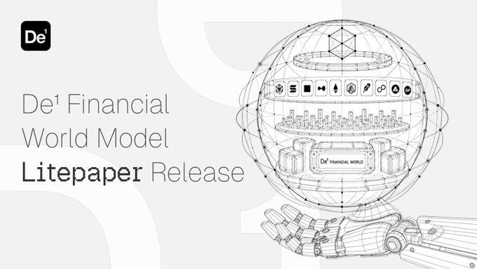 A white promotional banner reads 'De¹ Financial World Model Litepaper Release' alongside a wireframe illustration of a robotic hand holding a spherical globe containing a miniature city.