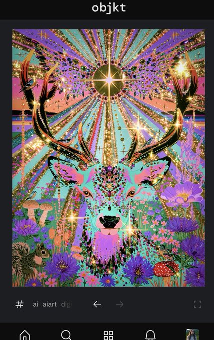 A vibrant, psychedelic digital artwork on the Objkt platform showcases a cosmic deer adorned with glowing stars, antlers, and jeweled features, surrounded by flowers, a squirrel, and a butterfly. The interface displays tags "#ai #aiart #dig" and navigation icons, aligning with the post announcing "Radiant Keeper" as part of the Nature Calls collection launching on Objkt for 12 editions at 12 XTZ.