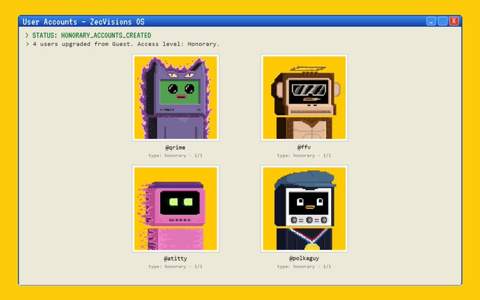The same pixel art 'User Accounts - ZeeVisions OS' interface as before, showing four honorary member profiles (@grinee, @ffv, @atitty, @polkaguy).