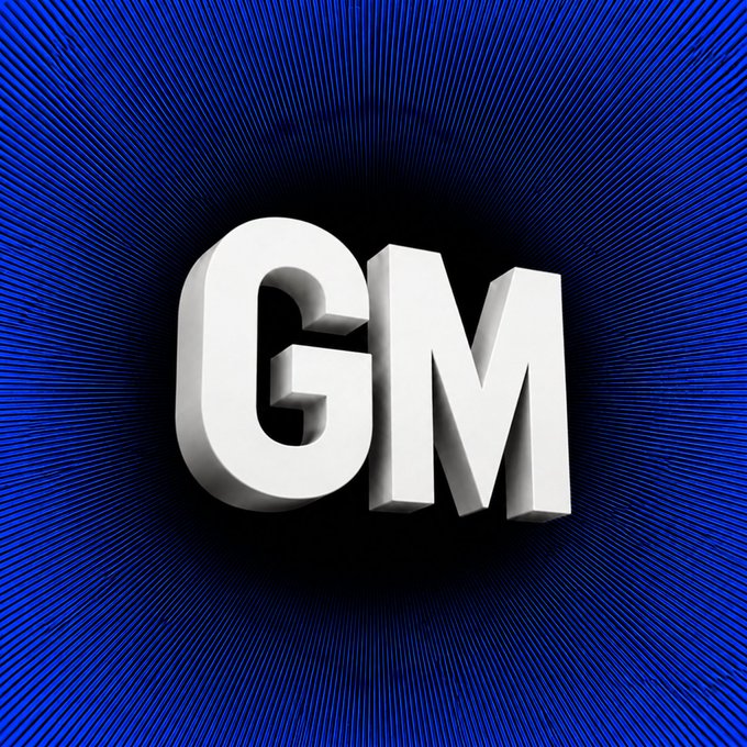 The image features bold white 3D text spelling "GM" (short for "Good Morning") set against a dynamic blue radial-striped background, fitting the crypto community's "GM" greeting paired with "Can we get a GM hathorians?" in the post.