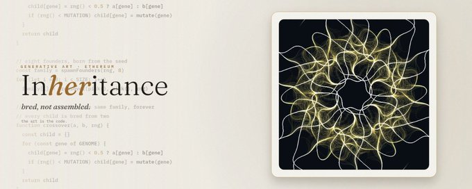 A book cover titled 'Inheritance' with the subtitle 'bred, not assembled' features an abstract, symmetrical golden pattern against a black background, accompanied by programming code comments.