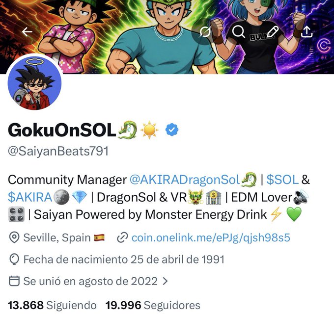 A Twitter/X profile for 'GokuOnSOL' (@SaiyanBeats791) with Dragon Ball anime artwork as the banner, showing 13,868 following and 19,996 followers, based in Seville, Spain.