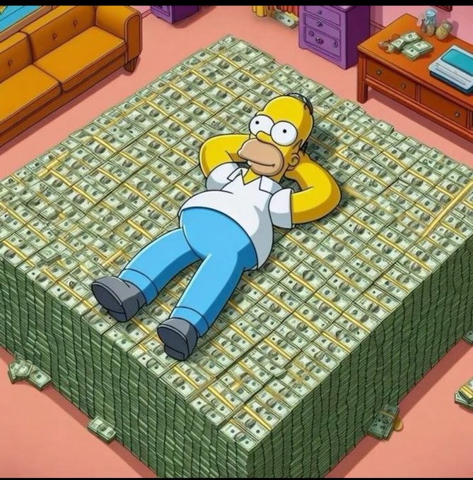 Homer Simpson lying contentedly on a massive stack of cash in a living room, with stacks of money and gold coins on a nearby coffee table.