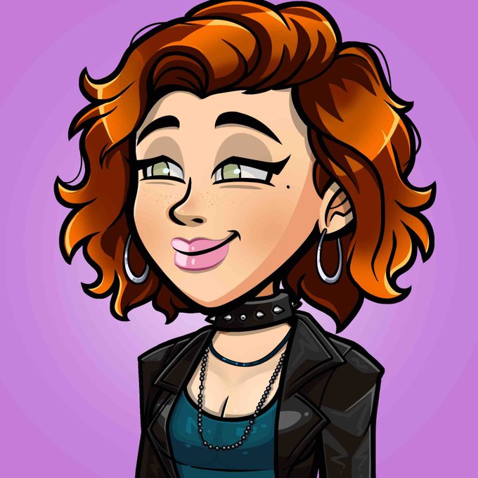 Cartoon-style portrait of a young woman with curly auburn hair, hoop earrings, studded choker, and black leather jacket, smiling against a purple background.