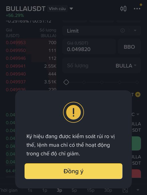 A cryptocurrency trading app warning popup for BULLAUSDT indicating the symbol is being controlled due to risk, stating buy orders may only function in reduce-only mode ('chế độ chỉ giảm'), with a yellow 'Đồng ý' (Agree) button.