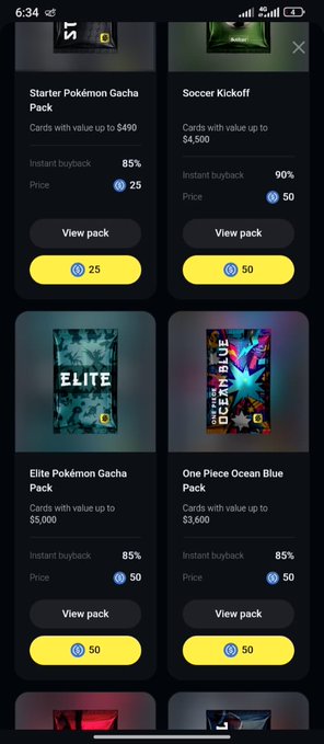 A mobile app screen showing various digital collectible packs for sale including 'Starter Pokémon Gacha Pack' for 25 coins and 'Soccer Kickoff', 'Elite Pokémon Gacha Pack', and 'One Piece Ocean Blue Pack' for 50 coins each.