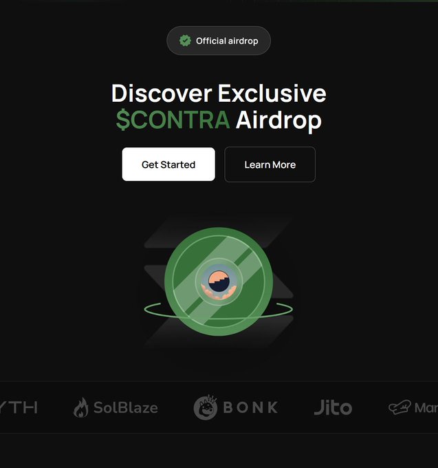 Promotional graphic for a '$CONTRA Airdrop' labeled 'Official airdrop' with 'Get Started' and 'Learn More' buttons, showing partner logos including SolBlaze, BONK, and Jito at the bottom.