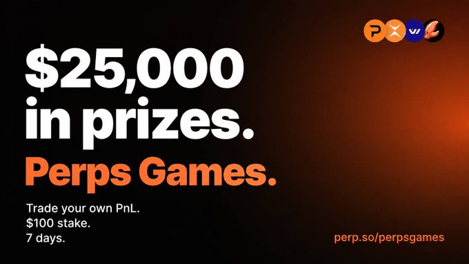 The image features a promotional poster for a trading game that offers a $25,000 prize if users trade their own Perps Games. The text and designs of the poster appear to be in black and orange colors.
