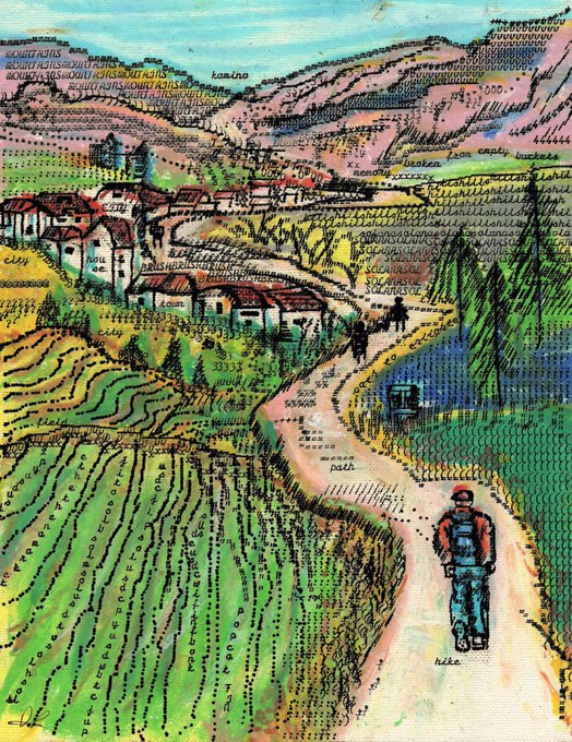 The image features an artist's drawing of a man riding his bicycle down a dirt road surrounded by green fields. The scene includes a small village with houses and trees nearby. The artist has used a unique style, creating a colorful and detailed illustration that captures the essence of rural life in the countryside.
