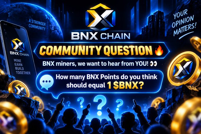 A vibrant promotional graphic for BNX Chain features a dark, space-like background with glowing blue and gold accents, displaying the BNX Chain logo and the headline "COMMUNITY QUESTION" in fiery yellow text. Silhouettes of a crowd with raised hands appear at the bottom amid floating gold coins marked with the BNX symbol, while a central speech bubble asks, "How many BNX Points do you think should equal 1 $BNX?" Additional text reads "A STRONGER COMMUNITY," "YOUR OPINION MATTERS!," and "MINE EARN BUILD TOGETHER," perfectly complementing the post's call for miners to share their opinions on the point-to-token conversion rate using hashtags like #BNXMining and #Testnet.
