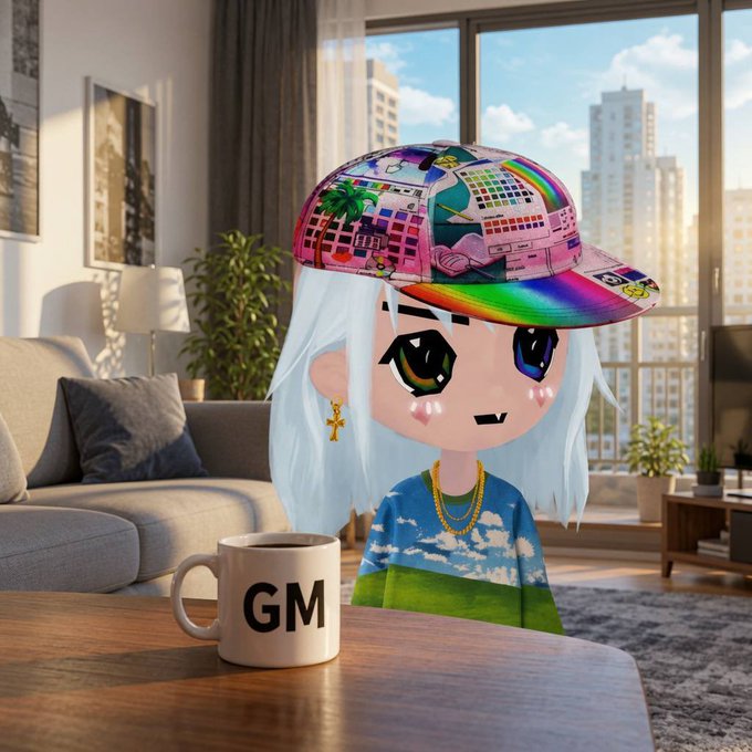 A 3D anime-style character with white hair and large eyes wears a rainbow-colored cap and cloud-patterned shirt, sitting in a modern apartment with a 'GM' mug on the table.