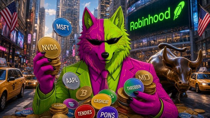 A vibrant, neon-colored wolf in a pink suit holds stacks of coins and tokens labeled with stock tickers like "MSFT," "NVDA," "AAPL," and crypto-inspired symbols, with a "Robinhood" sign and a charging bull statue in a bustling city background—visually capturing the bullish, "pack" rally energy described in the post about $PACK.