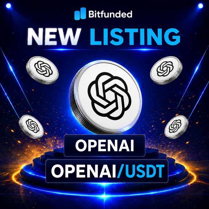 A promotional graphic from Bitfunded announcing the new listing of the OPENAI/USDT trading pair, featuring a large central silver coin emblazoned with the OpenAI logo surrounded by smaller OpenAI coins on a futuristic blue and orange illuminated stage. The "NEW LISTING" headline and ticker prominently match the post's announcement of OpenAI joining Bitfunded's lineup of AI-focused assets.