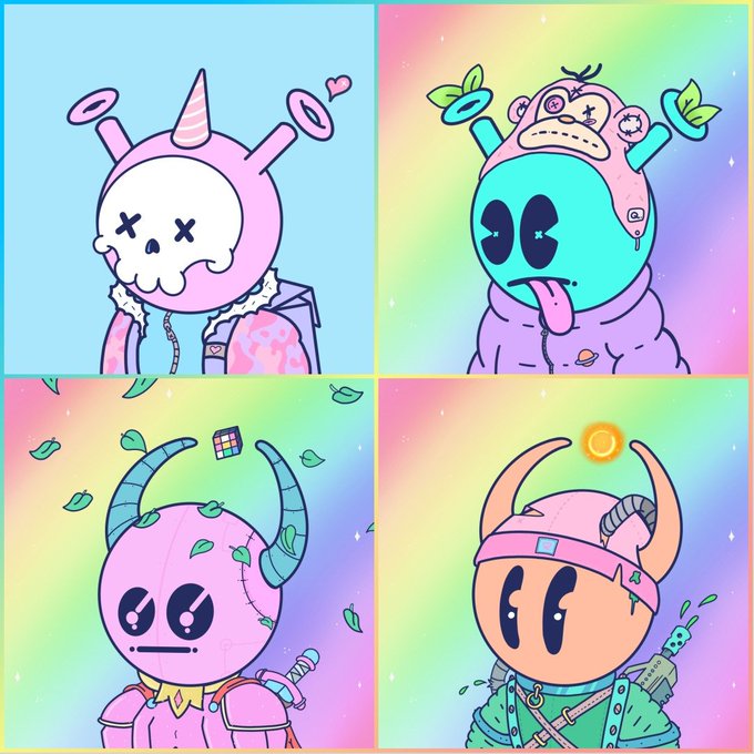 Four-panel illustration of cute cartoon character designs with skull and horn motifs in pastel pink, teal, and green color schemes against rainbow backgrounds.